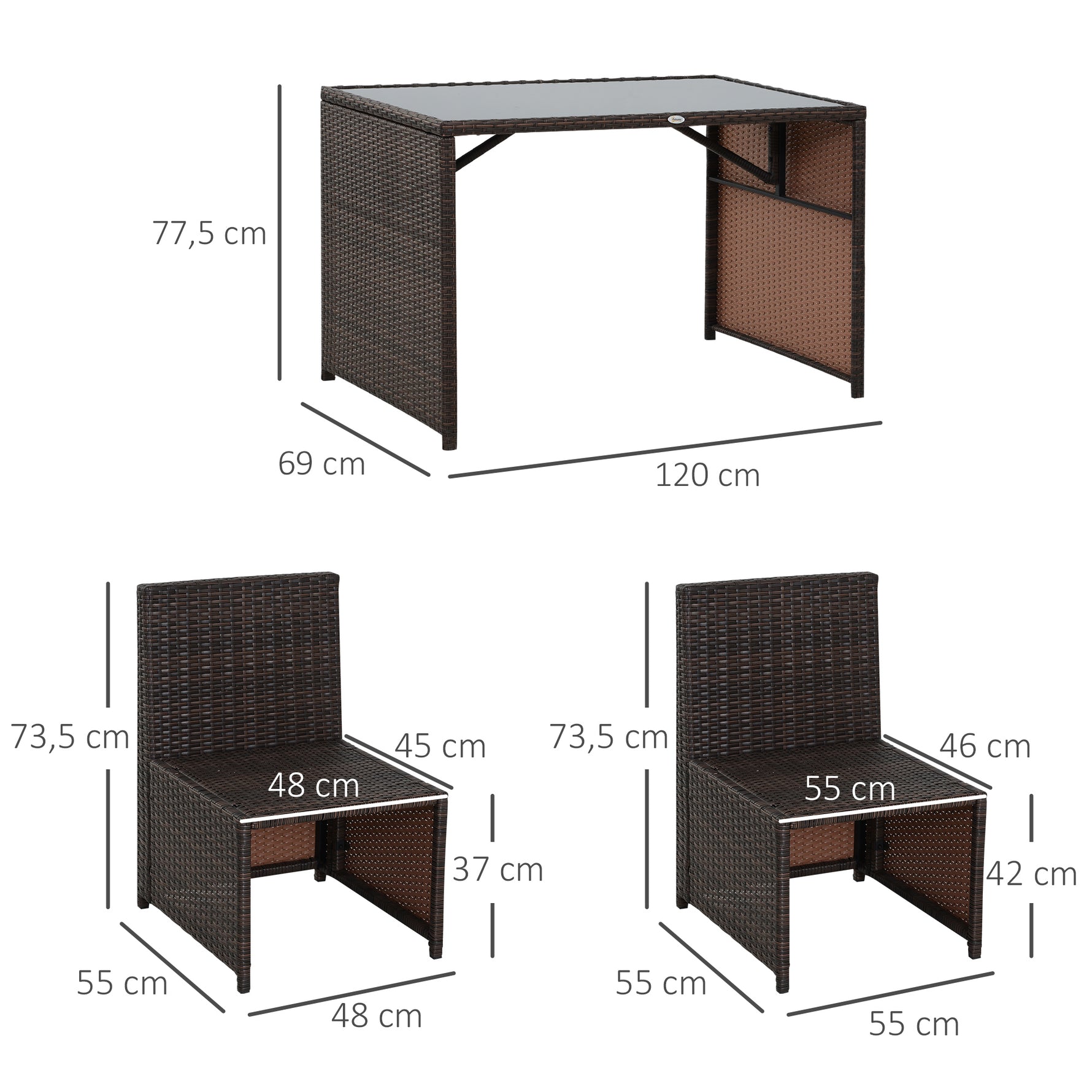 Ensemble salon de jardin encastrable 4 chaises monoblocs avec coussins déhoussables et table résine tressée