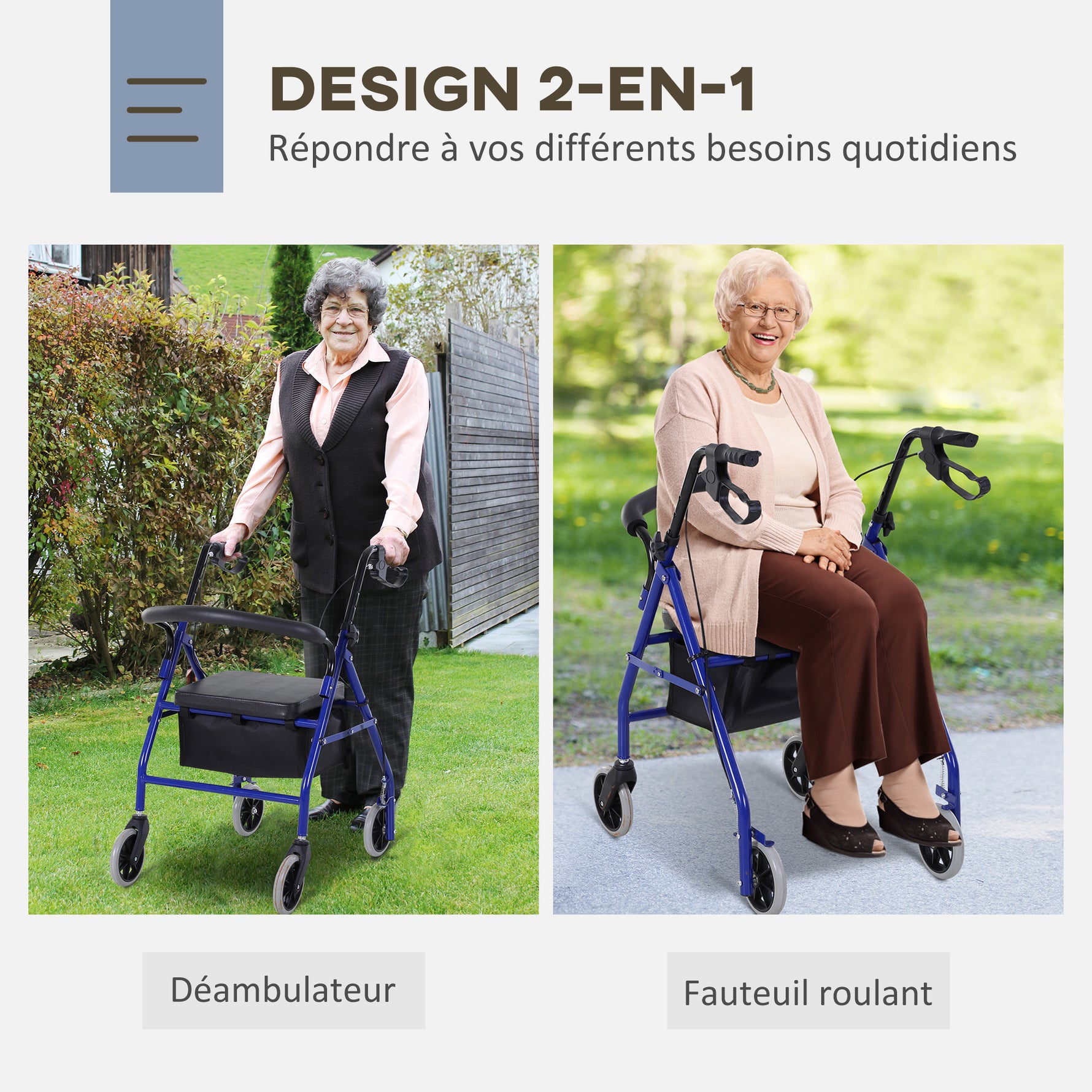 Déambulateur 4 roues - déambulateur pliable léger - assise + dossier rembourré - poignées ergonomiques, freins à main - panier rangement - métal bleu
