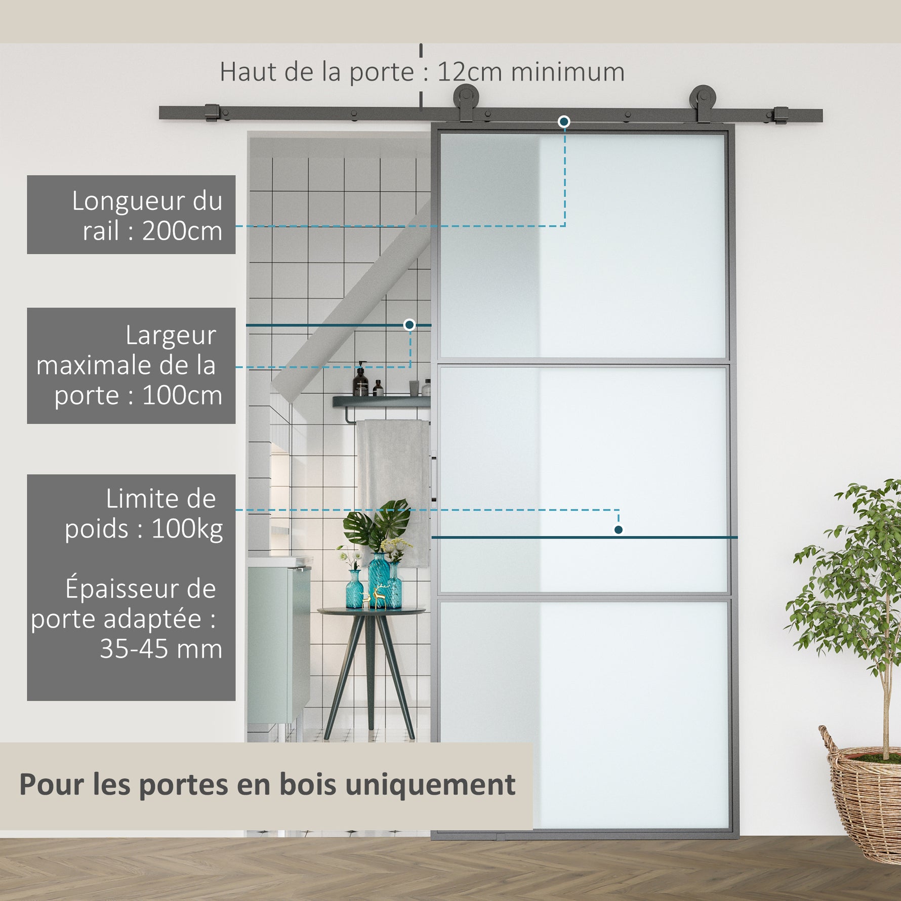 200CM Quincaillerie porte coulissante, rail porte coulissante de 100 cm de large, épaisseur 35-45 mm, charge 100 kg