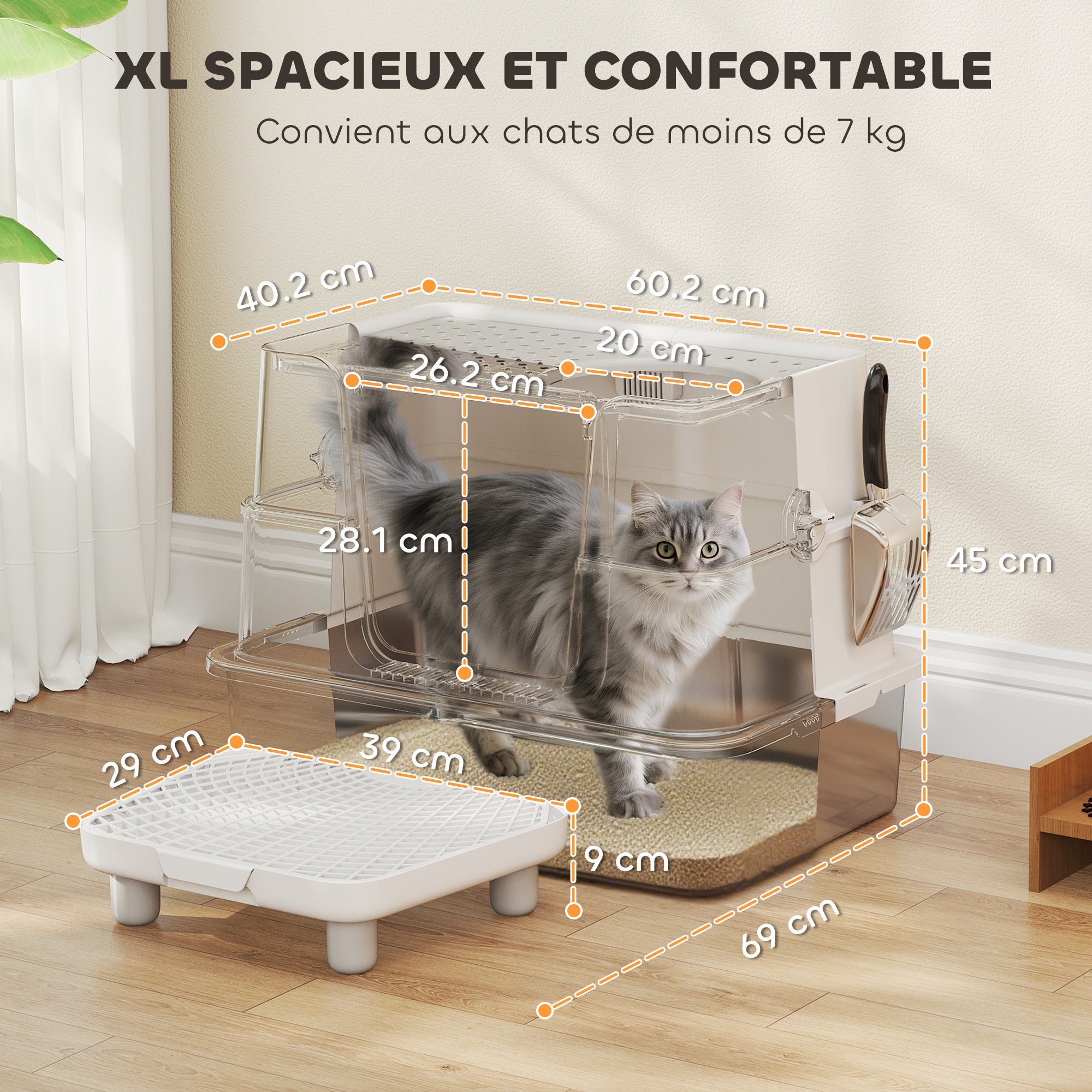 Bac à Litière XL en Acier Inoxydable pour Grand Chat, Couvercle Pivotant 100°, Pelle, 60,2x40,2x44,5cm, Gris Clair