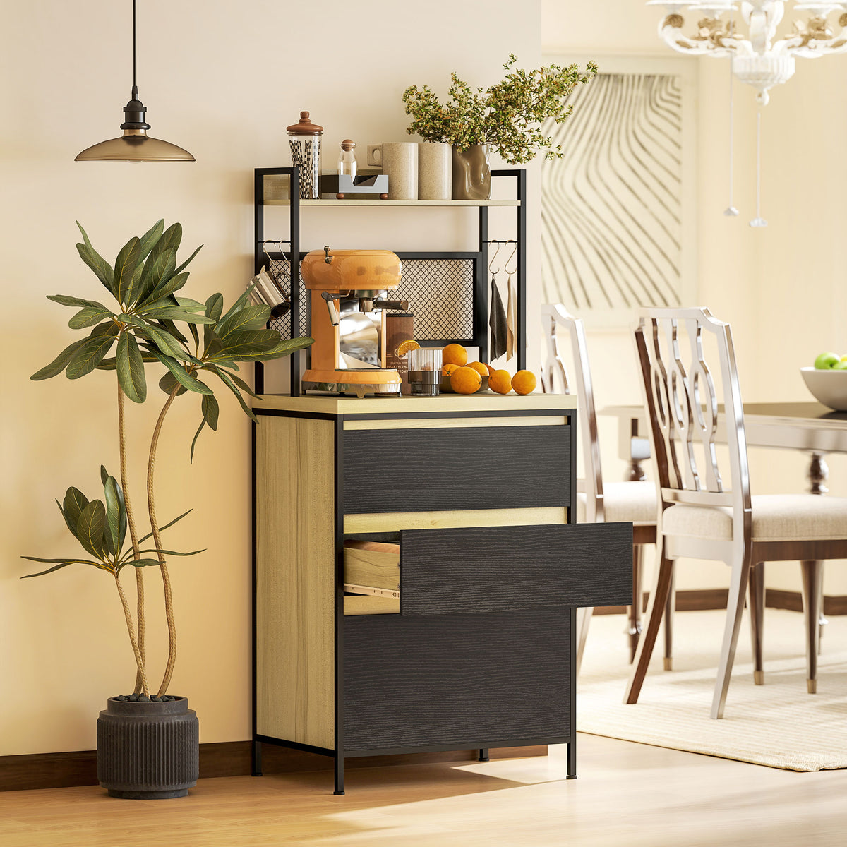 Armoire de cuisine style industriel avec 3 tiroirs, plan de travail, étagère et 4 crochets, 60x40x132cm