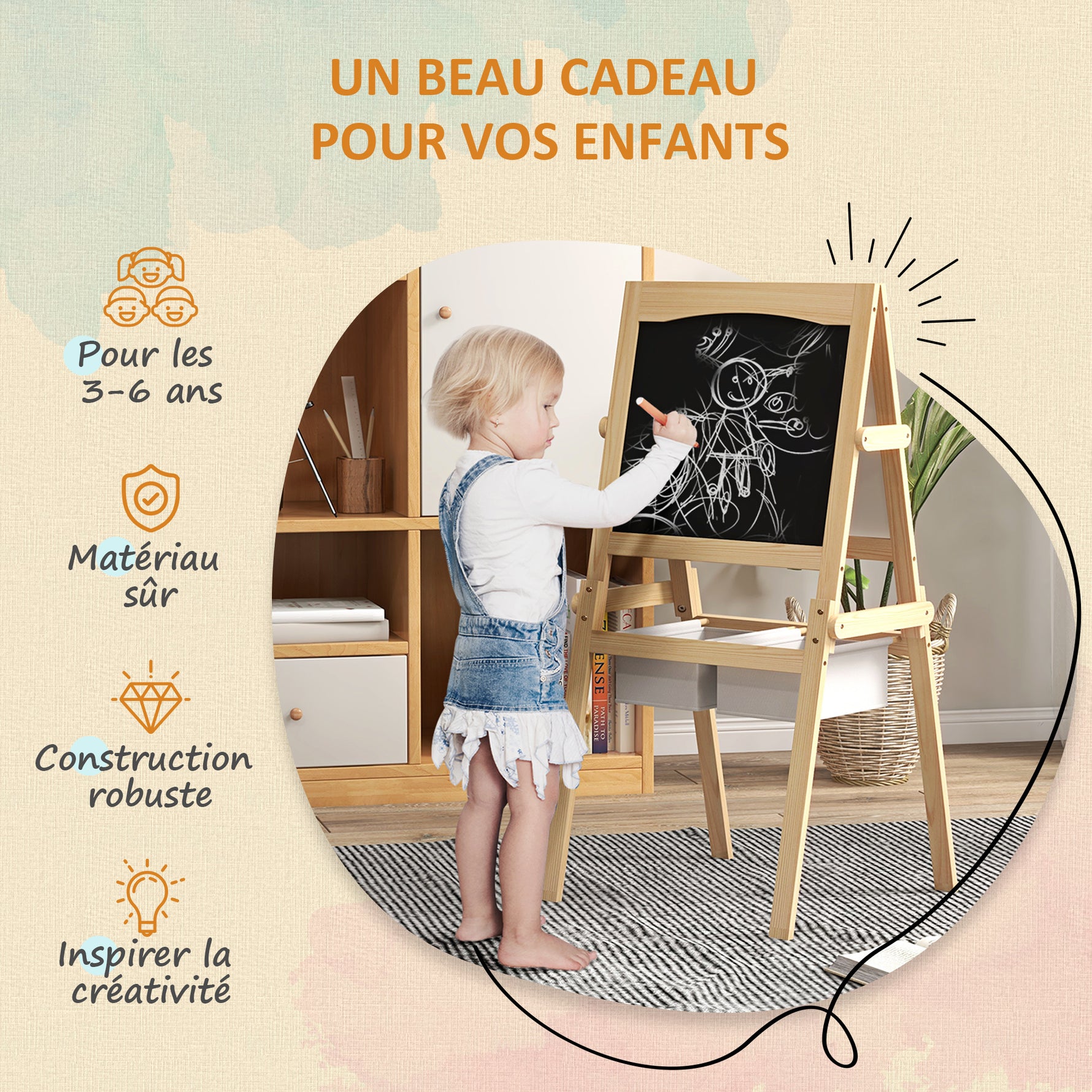 Tableau chevalet enfant ardoise double face tableau blanc tableau à craie rouleau papier 58 x 50,5 x 109 cm naturel