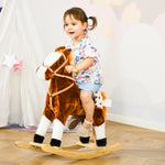 Cheval à Bascule en Bois et Peluche pour Enfant Cheval de Cowboy peluche Pour Enfants de 3-6 Ans Jouet balançoire avec Effet sonore Selle rênes Marron Blanc