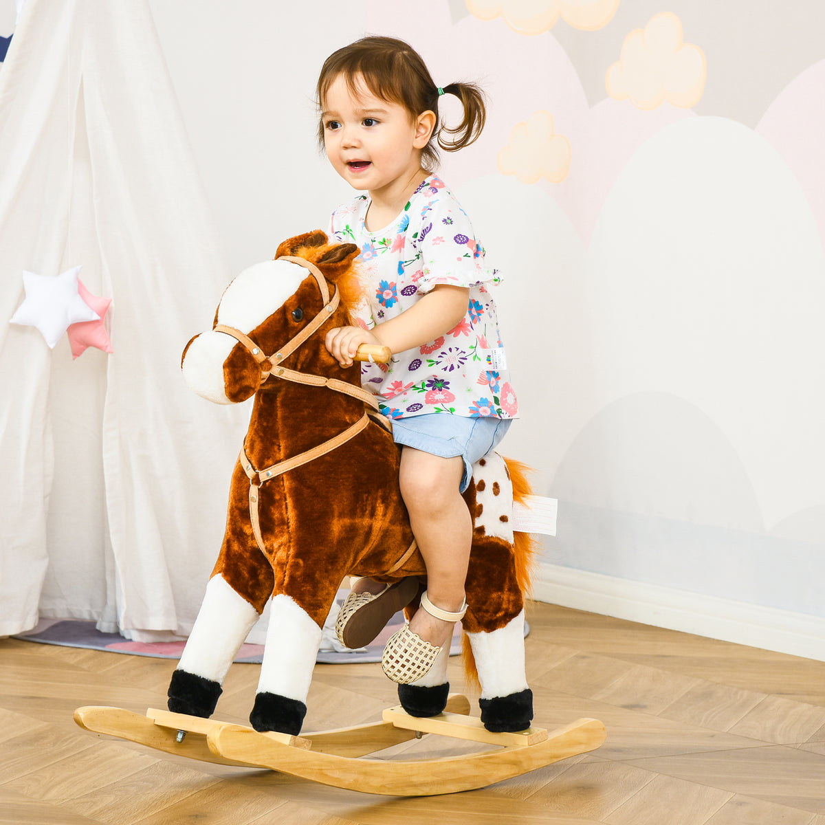 Cheval à Bascule en Bois et Peluche pour Enfant Cheval de Cowboy peluche Pour Enfants de 3-6 Ans Jouet balançoire avec Effet sonore Selle rênes Marron Blanc