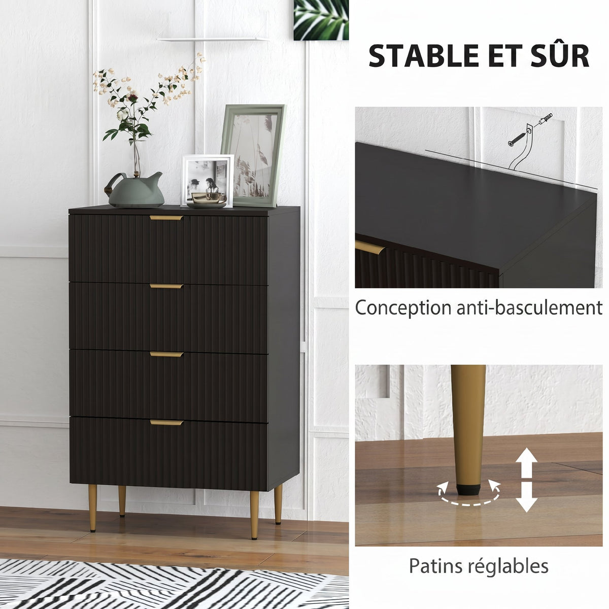 Commode 4 tiroirs commode chambre meuble de rangement moderne avec poignées et pieds dorés, dim. 60 x 40 x 96 cm, noir