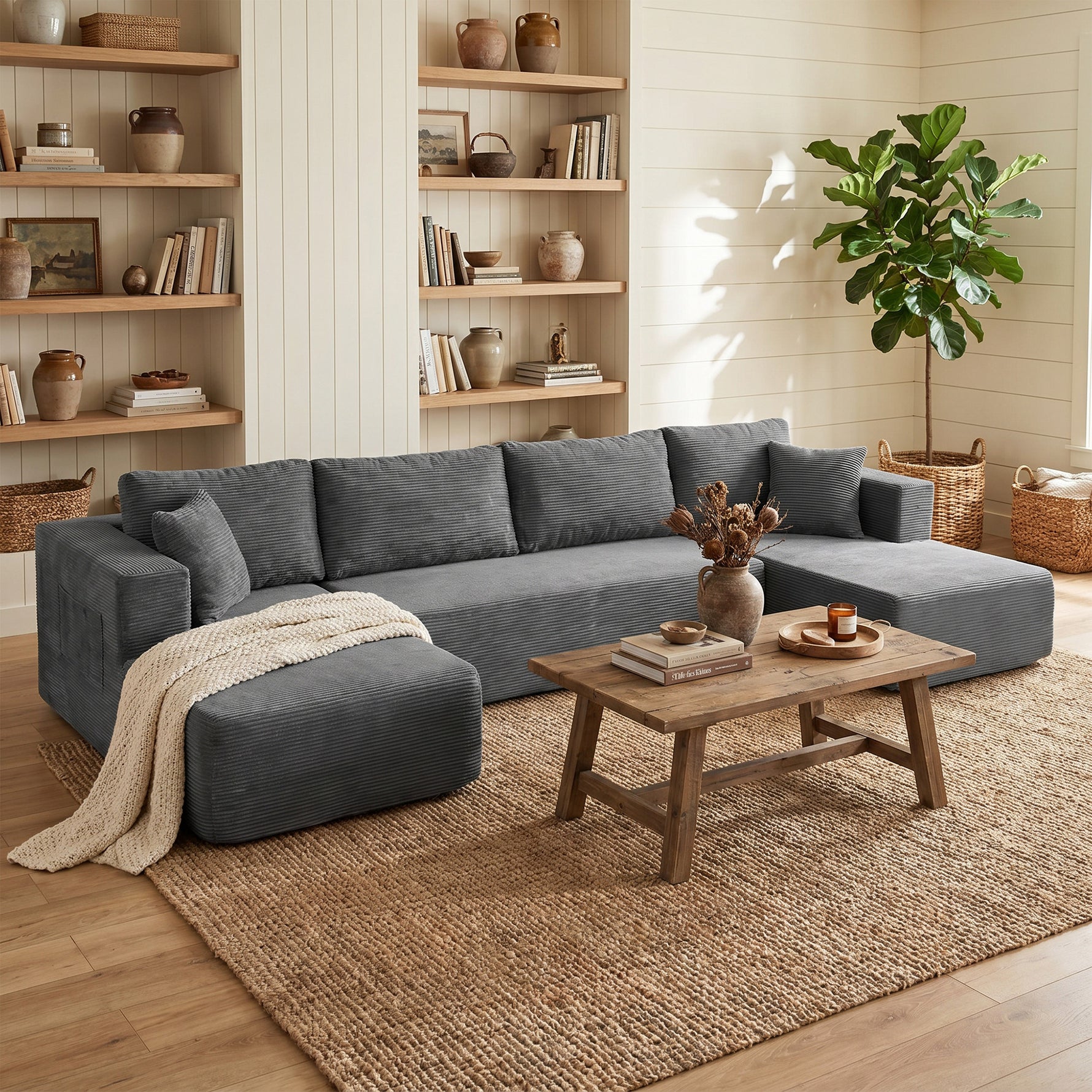 Canapé Modulaire en U 4 Places, 2 Méridiennes, Canapé 2 Places, 6 Coussins, Sans Montage, 369 x 152 x 78 cm, Gris