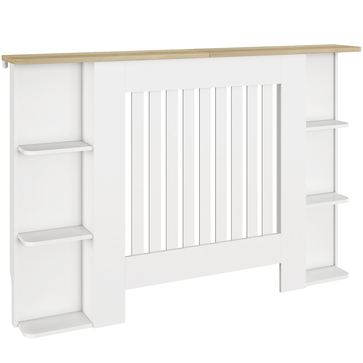 Cache-radiateur avec étagères de rangement ouvertes, couvercle de radiateur en bois à lattes, 124x19x83cm, blanc