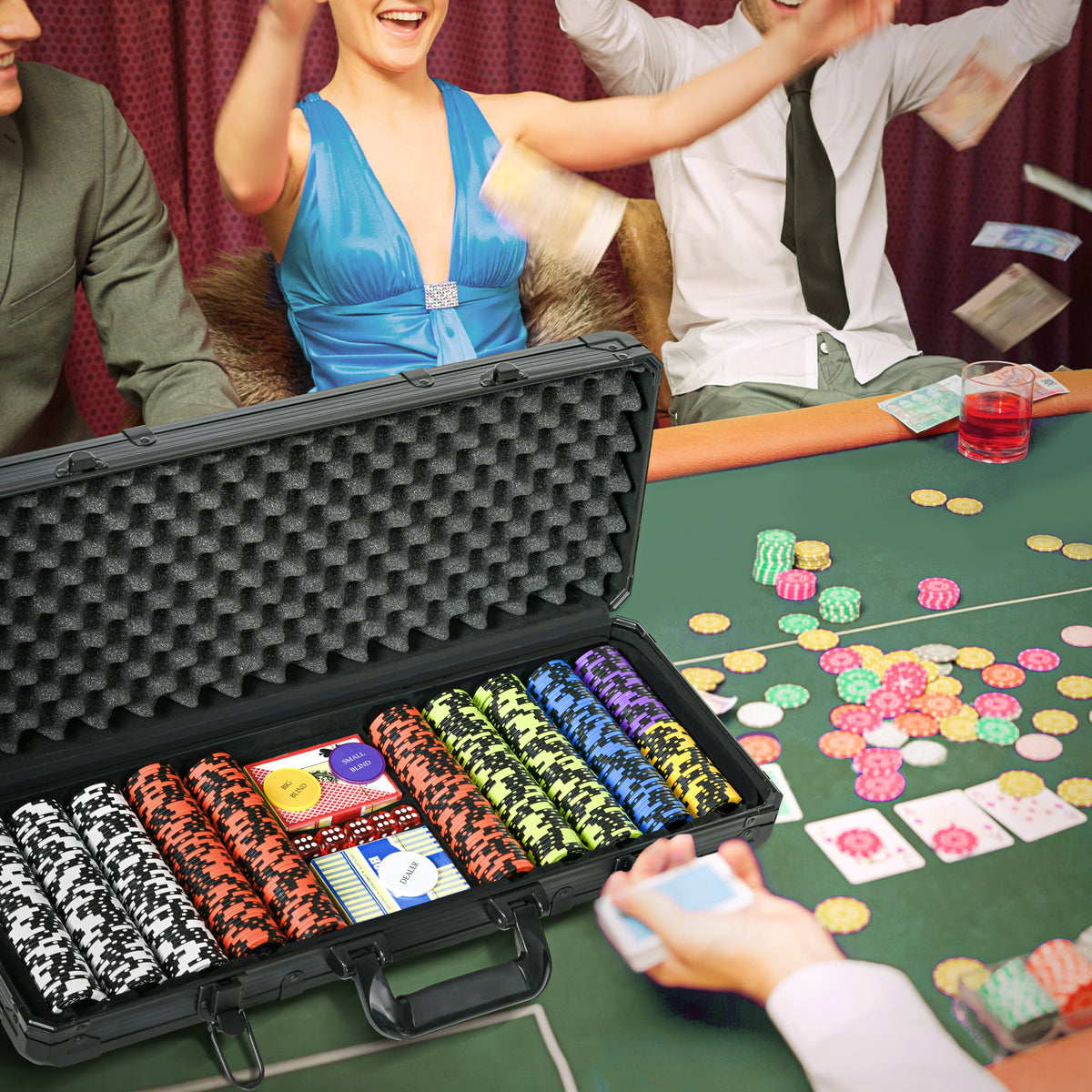 Mallette de Poker Coffret de Poker Complet, avec 500 jetons 5 dés 2 Jeux de Cartes 3 boutons