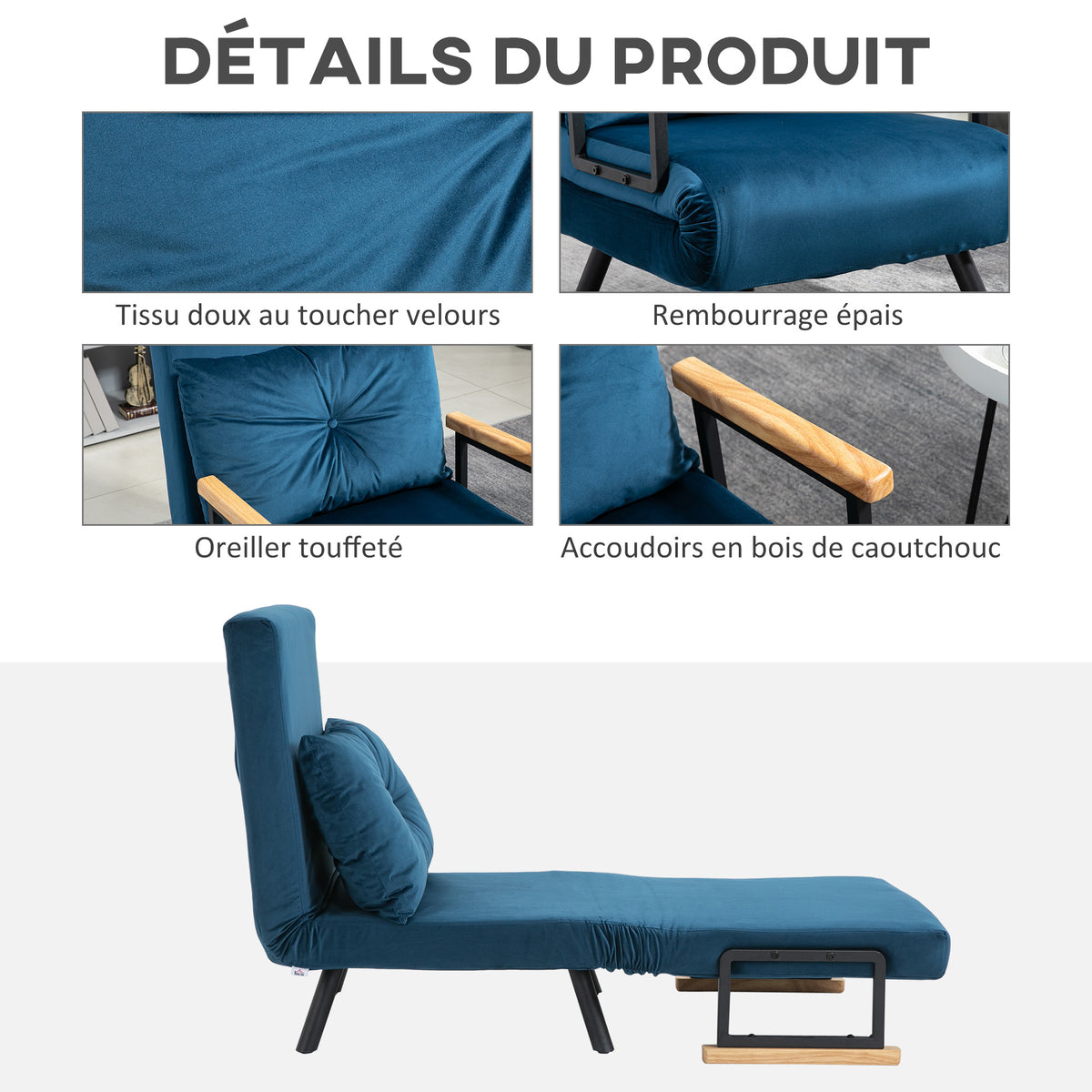 Fauteuil convertible 3 en 1 lit 1 place dossier 5 positions, accoudoirs en bois et coussin, tissu effet velours, bleu