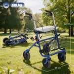 Déambulateur 4 roues pliable, rollator en acier inoxydable, siège rembourré en PU, poignée réglable, bleu