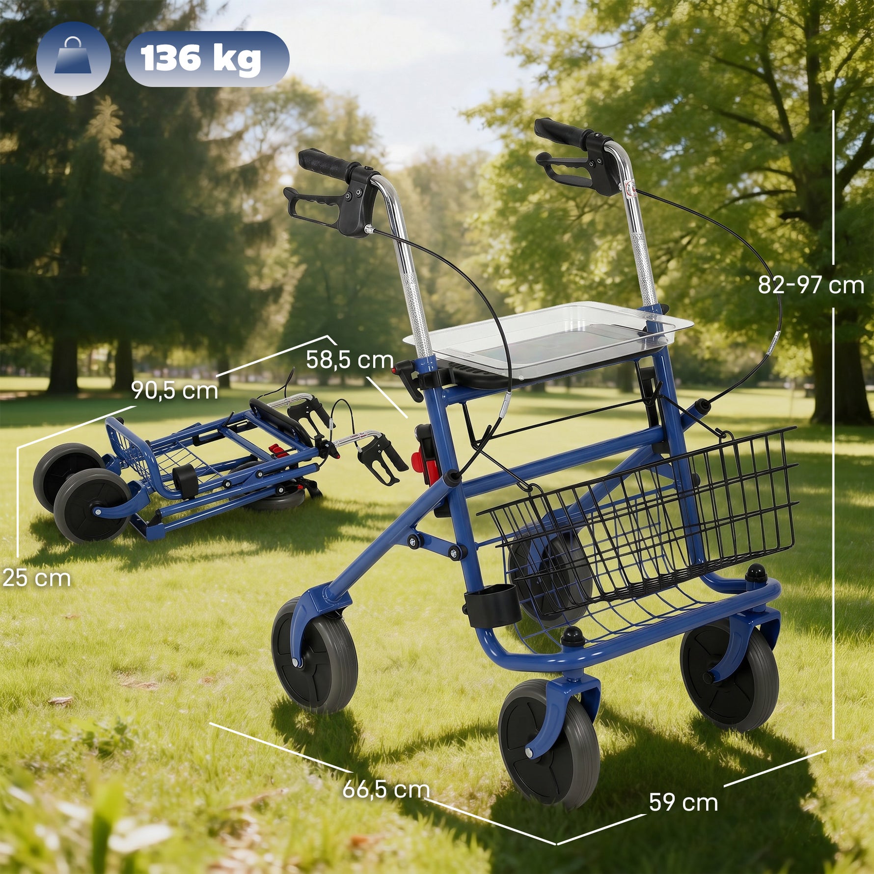Déambulateur 4 roues pliable, rollator en acier inoxydable, siège rembourré en PU, poignée réglable, bleu