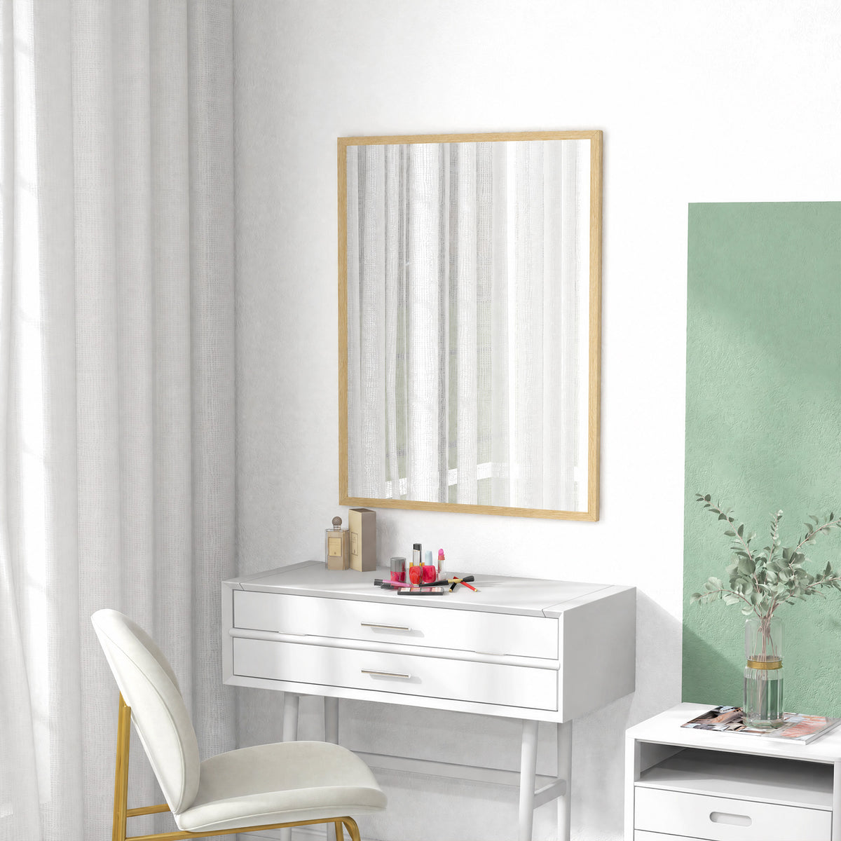 Miroir mural rectangulaire 90 x 70 cm, cadre en bois, idéal pour la salle de bain, salon ou chambre, naturel