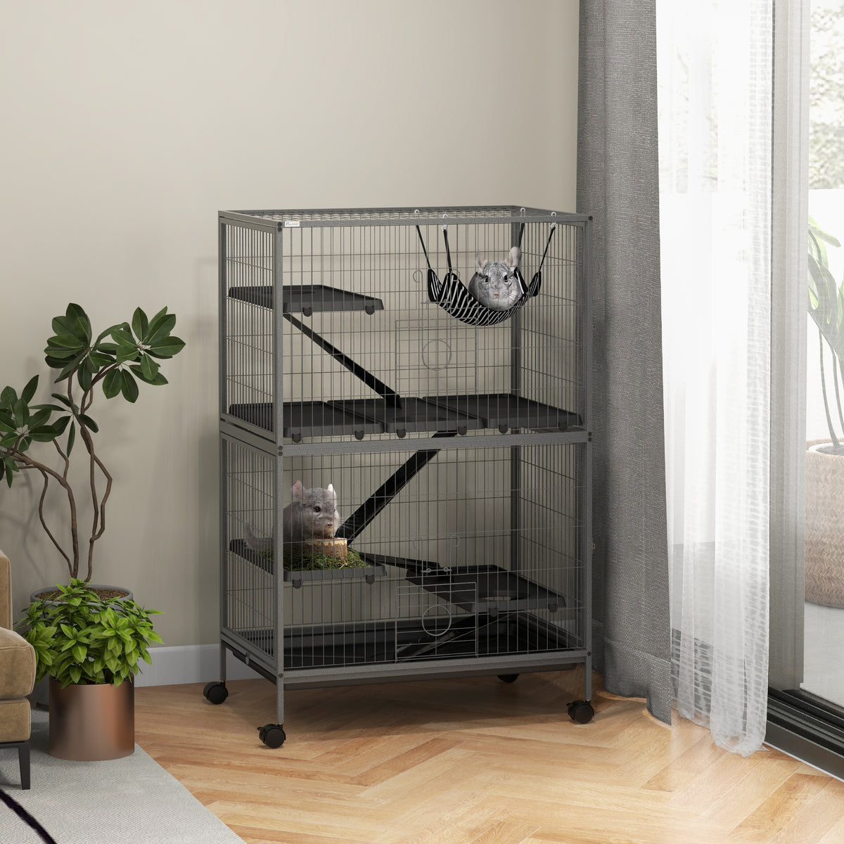 Cage pour rongeurs Multifonction 4 Plateformes 3 rampes 4 Portes dim. 80L x 52l x 128H cm acier Gris argenté Noir