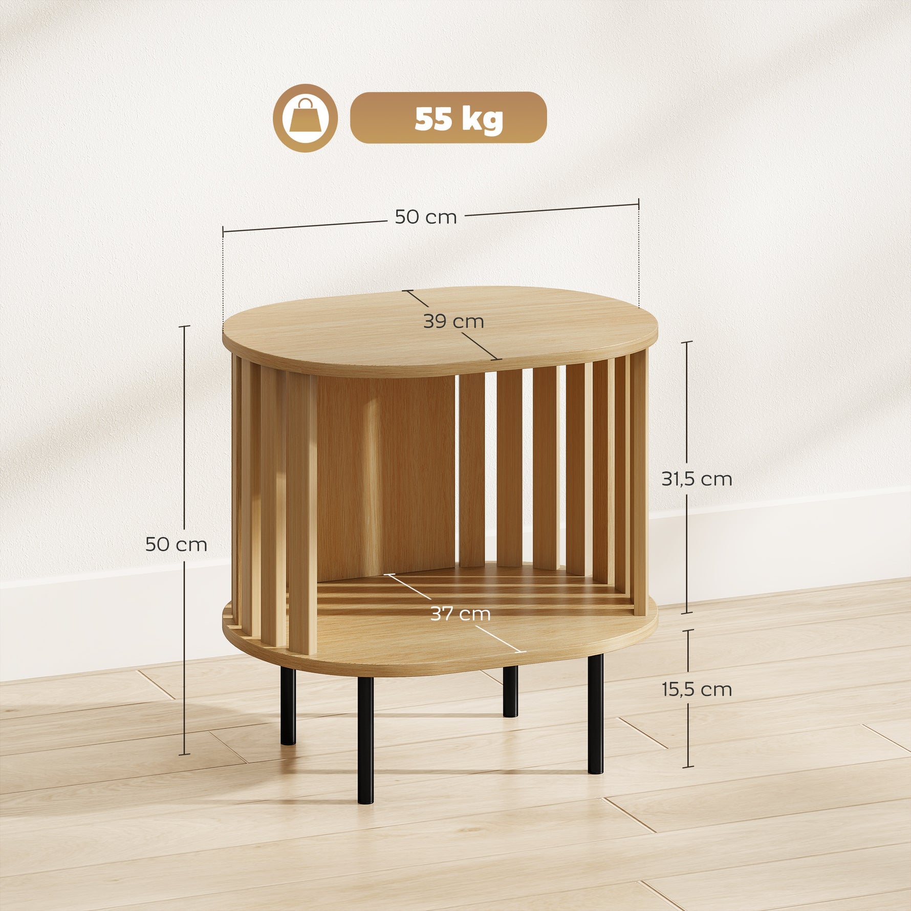 Table d'appoint ovale bout de canapé rangement ouvert pieds en acier design à lattes 50x39x50cm effet bois naturel