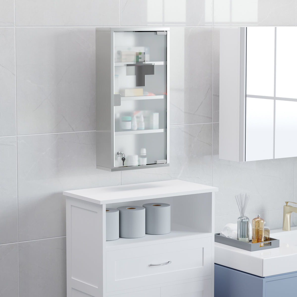 Armoire à Pharmacie 3 étagères 4 Niveaux 30L x 12l x 60H cm Porte Verre trempé Symbole Croix Acier Inoxydable brossé