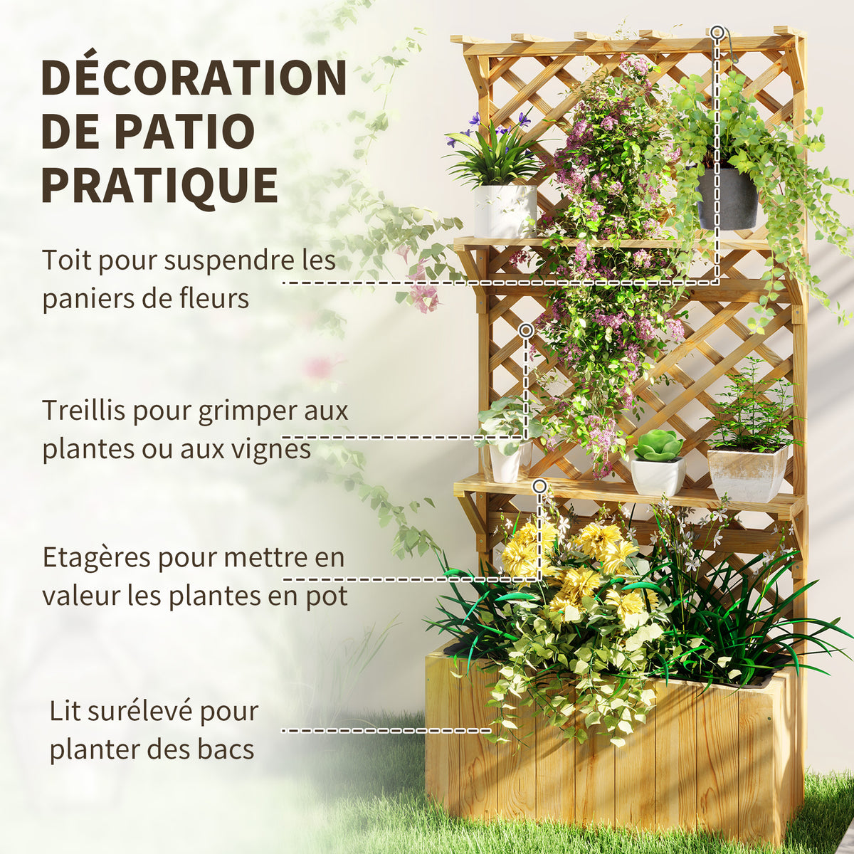 Jardinière avec treillis lit surélevé de jardin en bois avec toit suspendu, trous de drainage et doublure, naturel