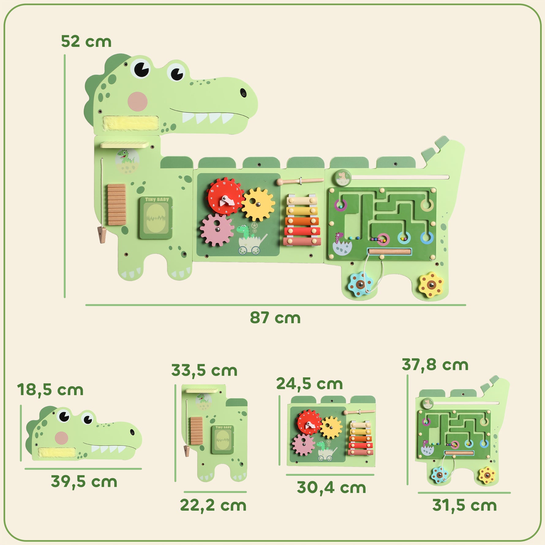 Busy Board Jouet, Tableau d'Activités Murale Dinosaure, Planche Motricité Bébé Educatif pour Garcon Fille 2+ Ans, Vert