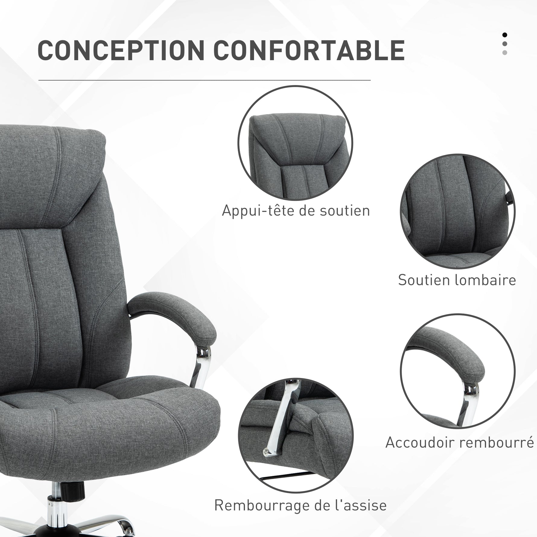 Fauteuil de bureau, chaise de bureau ergonomique, hauteur réglable, dossier haut, fonction de bascule, 65x78x118cm, gris
