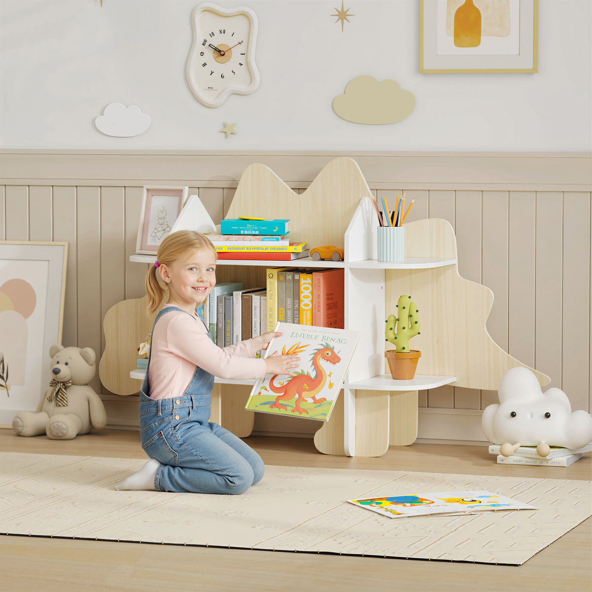 Bibliothèque enfant meuble de rangement pour jouets et livres 6 compartiments 120x28x72,2cm bois naturel