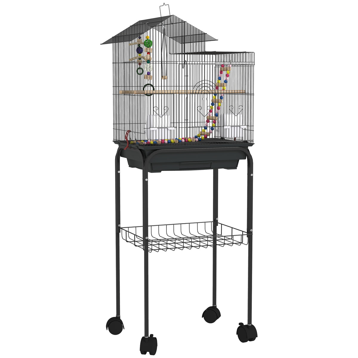 Cage à oiseaux sur roues 46 x 36 x 120 cm 2 mangeoires 2 perchoirs étagère cage pour perruche calopsitte conure pinson canaris