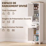 Meuble de salle de bain, meuble de rangement, 2 portes, tiroir, compartiment ouvert et étagères réglables, blanc