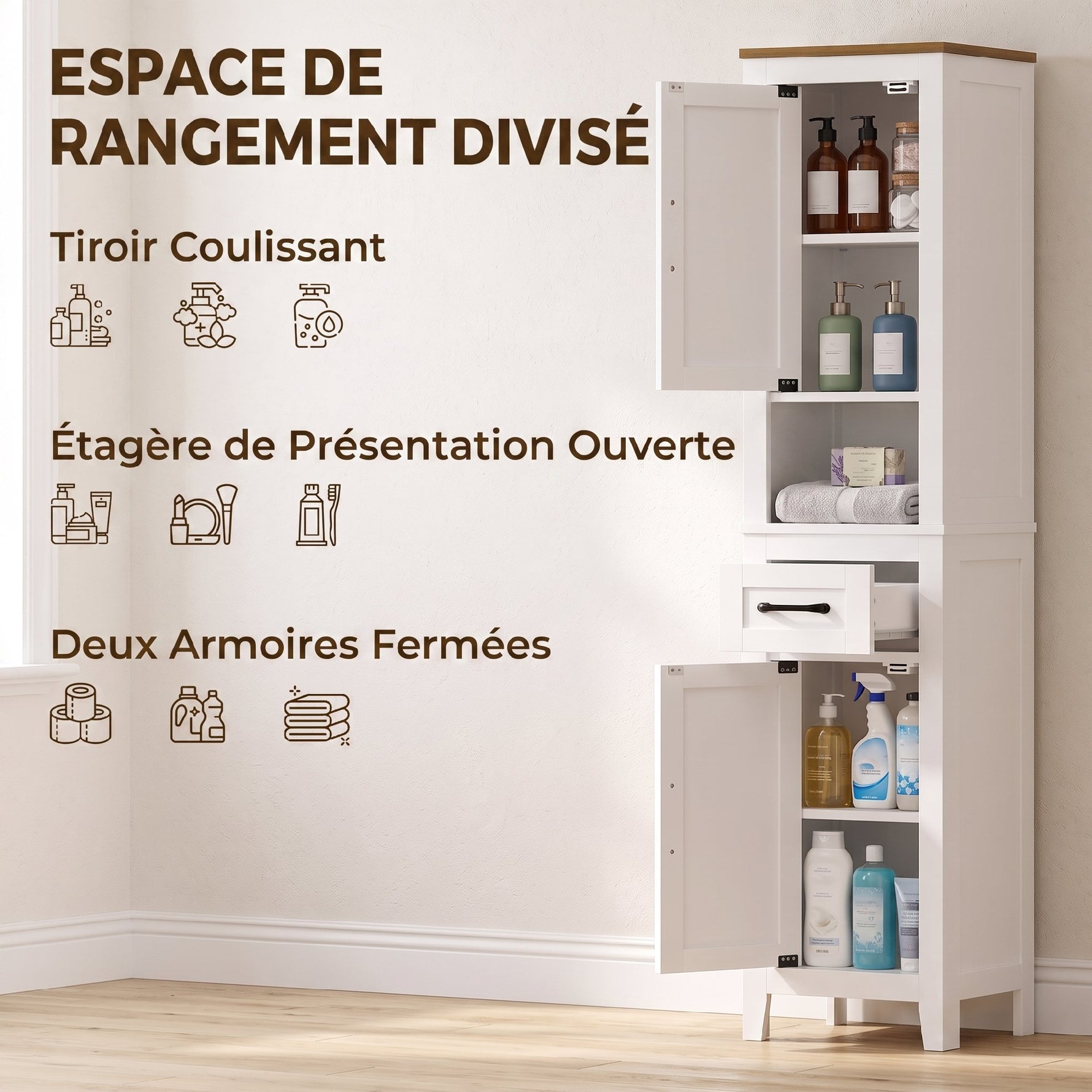 Meuble de salle de bain, meuble de rangement, 2 portes, tiroir, compartiment ouvert et étagères réglables, blanc