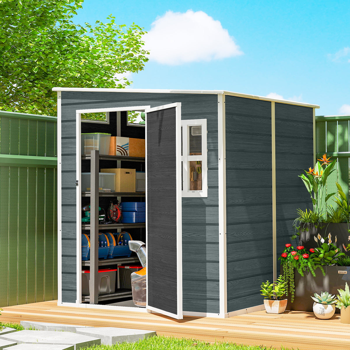 Tuinhuis Opbergruimte Vloer Aluminium Structuur 3 Ramen 2 Ventilatieopeningen 182x182x183cm Grijs Houteffect