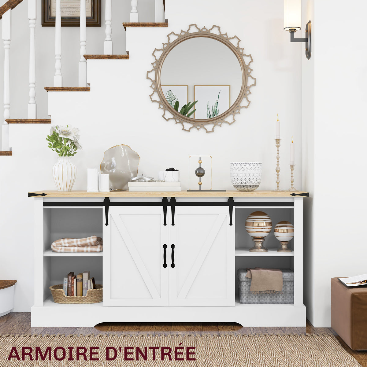 Buffet meuble de rangement avec 2 portes coulissantes étagères réglables 150l x 40P x 72H cm en bois blanc chêne