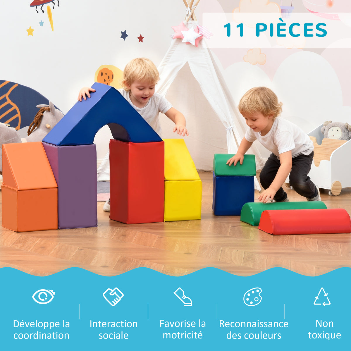 Parcours motricité bébé 11PCS, module motricité bébé en mousse EPE avec housse en revêtement synthétique, blocs mousse de construction, jouets éducatifs pour enfants de 1-3 ans, multicolore