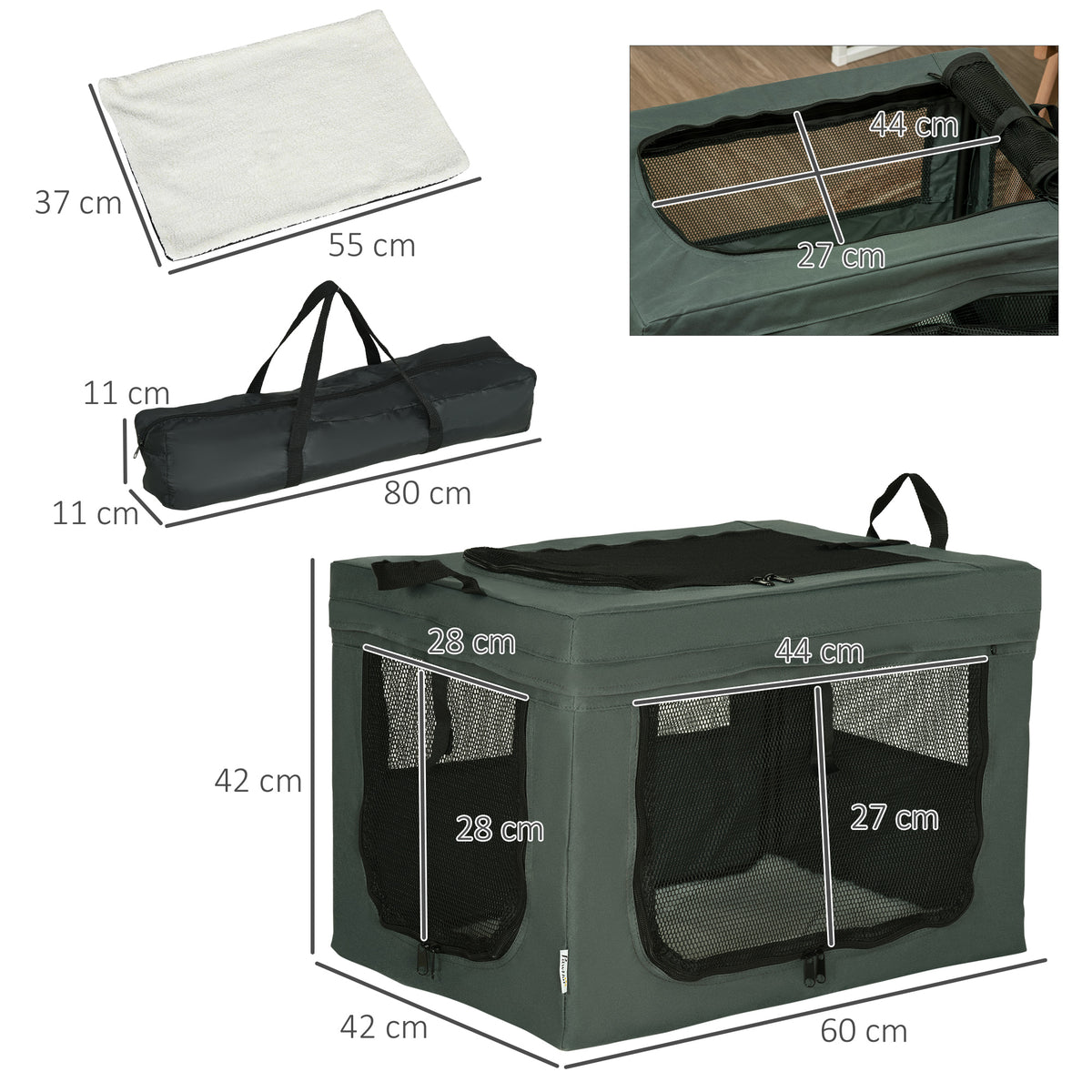 Borsa da trasporto pieghevole per animali domestici con maniglia in tessuto a rete 60 x 42 x 42 cm grigio nero