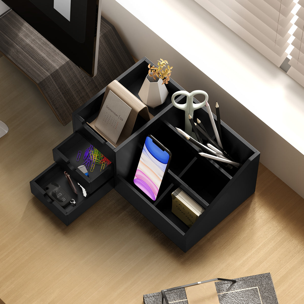 Boite de Rangement de Bureau - Organiseur de Bureau - 7 Compartiments, 2 tiroirs - Bambou Verni Noir