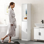 Meuble colonne salle de bain avec miroir, meuble de rangement à 6 niveaux 2 portes étagères réglables 32x28x162cm blanc