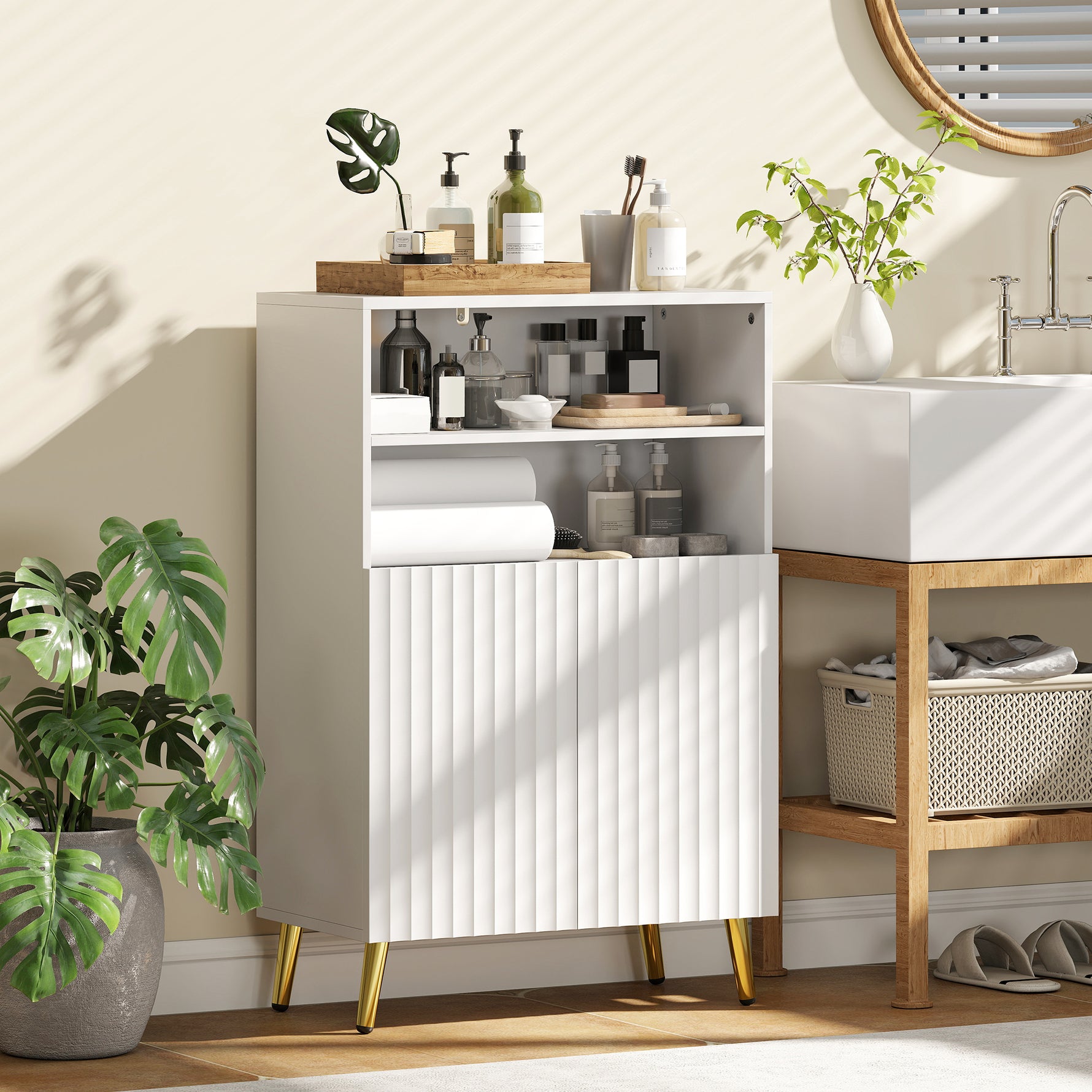 Meuble salle de bain, armoire salle de bain étroit 5 niveaux, portes cannelées à fermeture douce 60 x 31,8 x 93 cm blanc