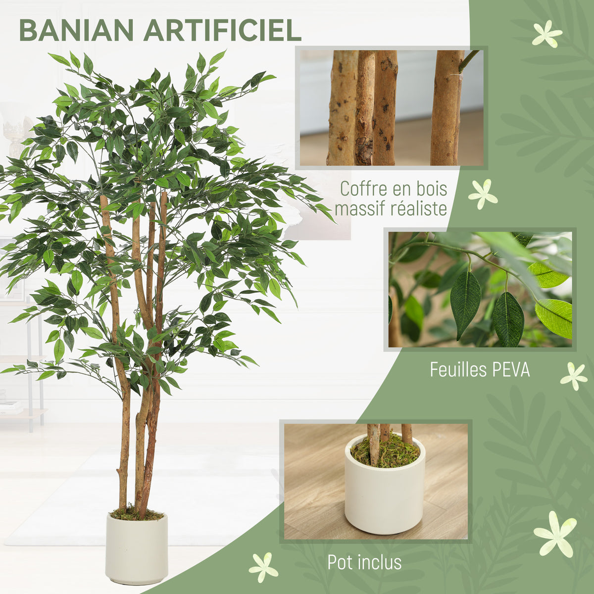 Plante artificielle intérieure 150 cm banian arbre artificiel, pot en plastique et tronc en bois massif, vert