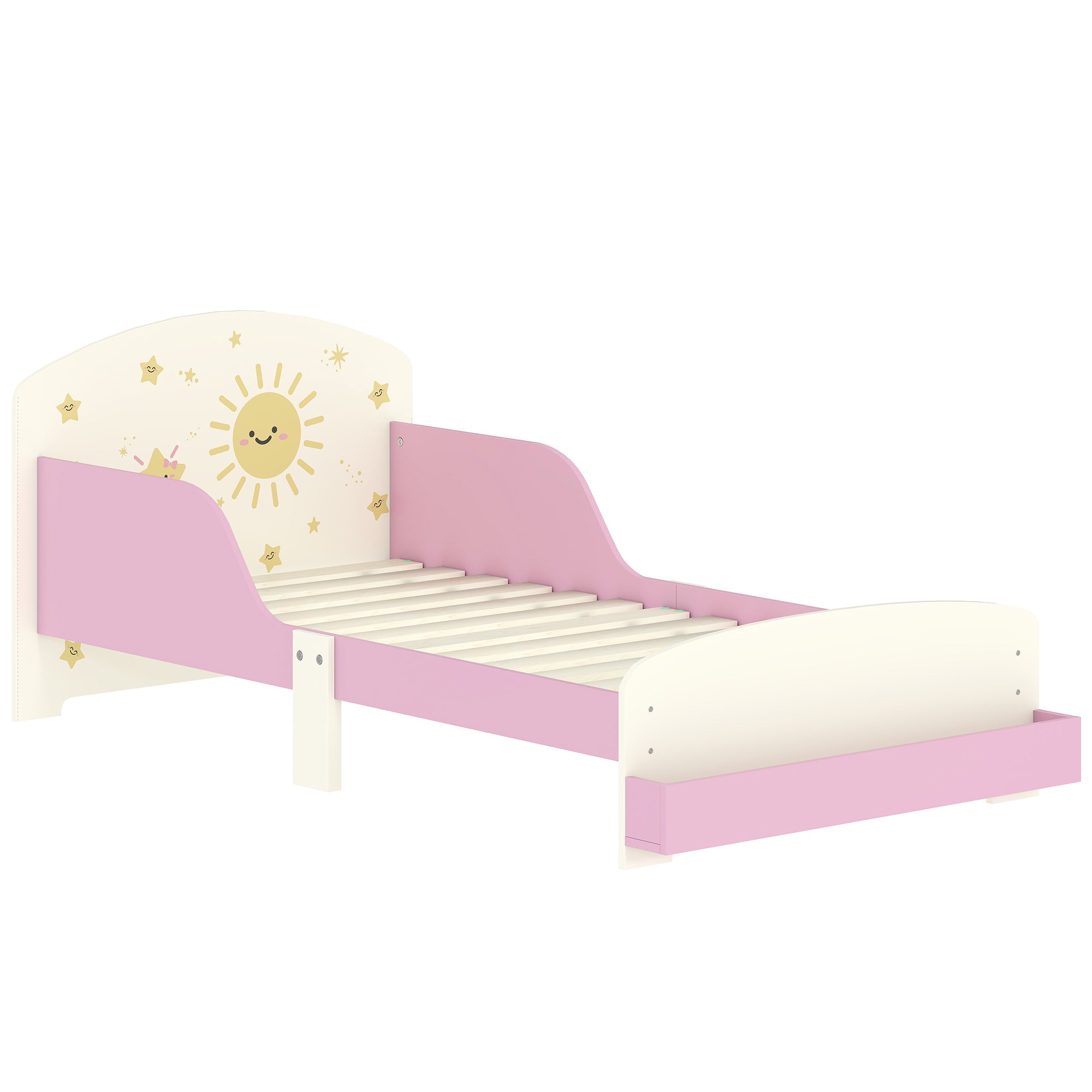 Lit enfant 70 x 140 cm, lit pour enfant avec barriere de securite et sommier à lattes, espace de rangement, rose