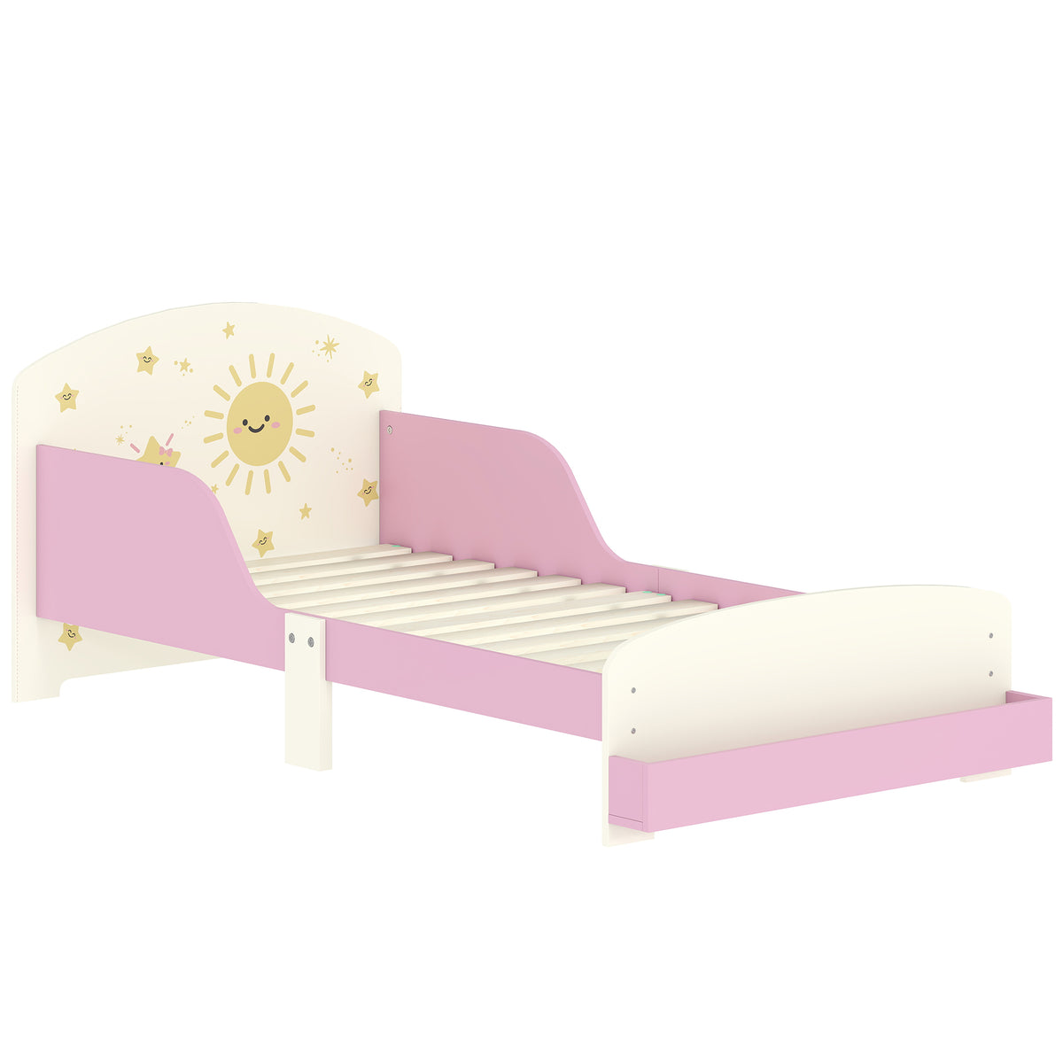 Lit enfant 70 x 140 cm, lit pour enfant avec barriere de securite et sommier à lattes, espace de rangement, rose
