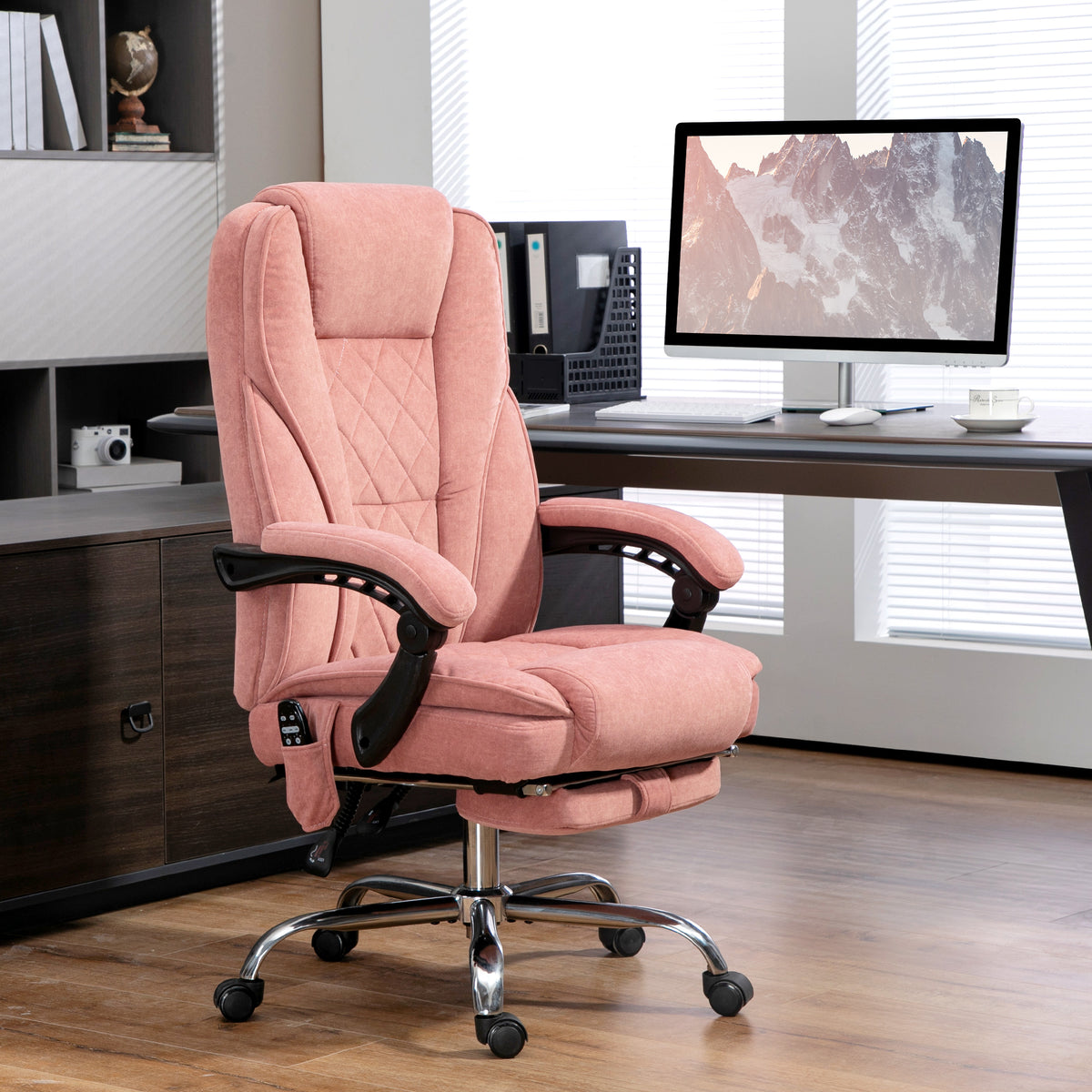 Fauteuil de bureau massant et chauffant hauteur réglable dossier inclinable télécommande repose-pieds rétractable rose