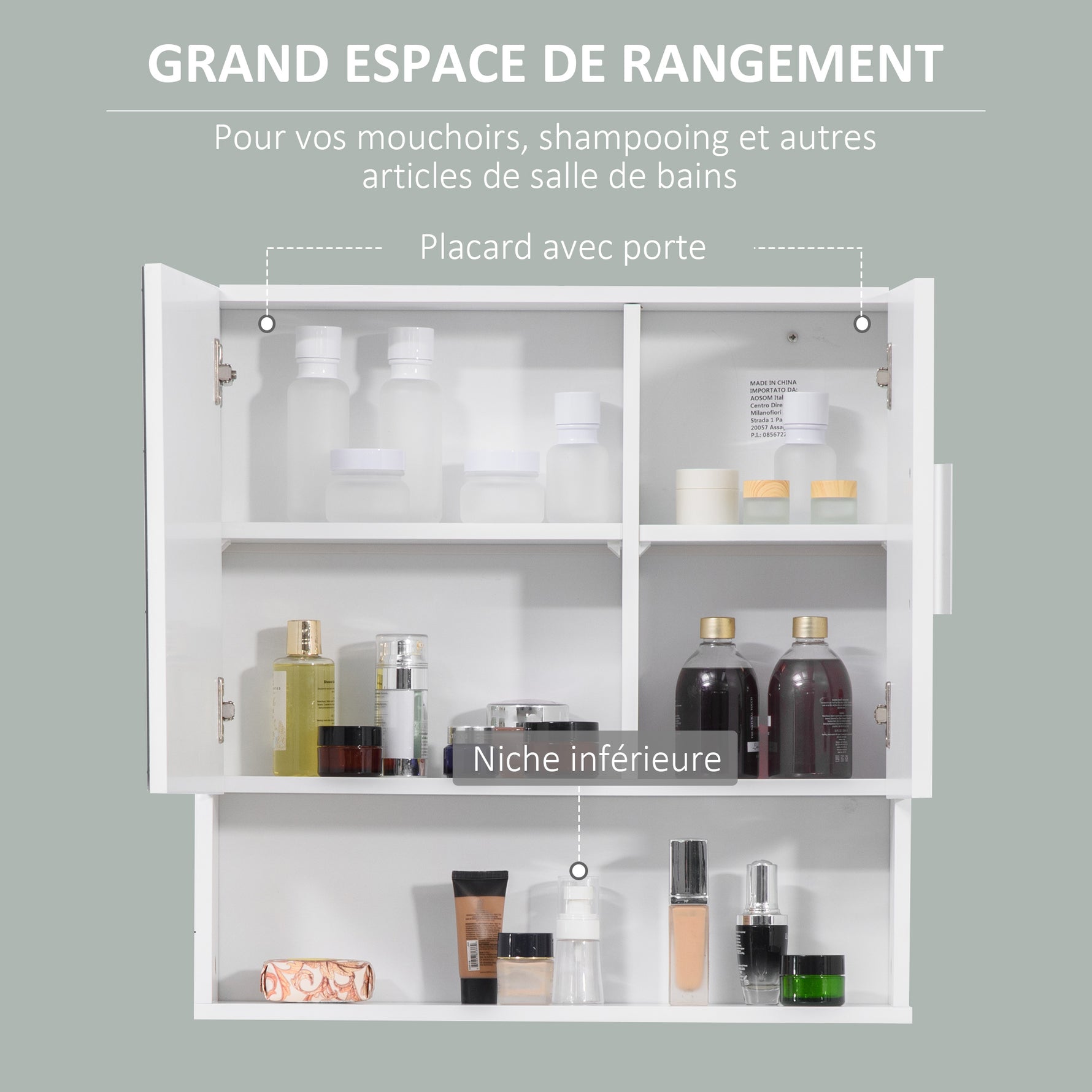 Armoire murale miroir de salle de bain avec portes et étagère réglable - dim. 54L x 15,2l x 55,3H cm blanc