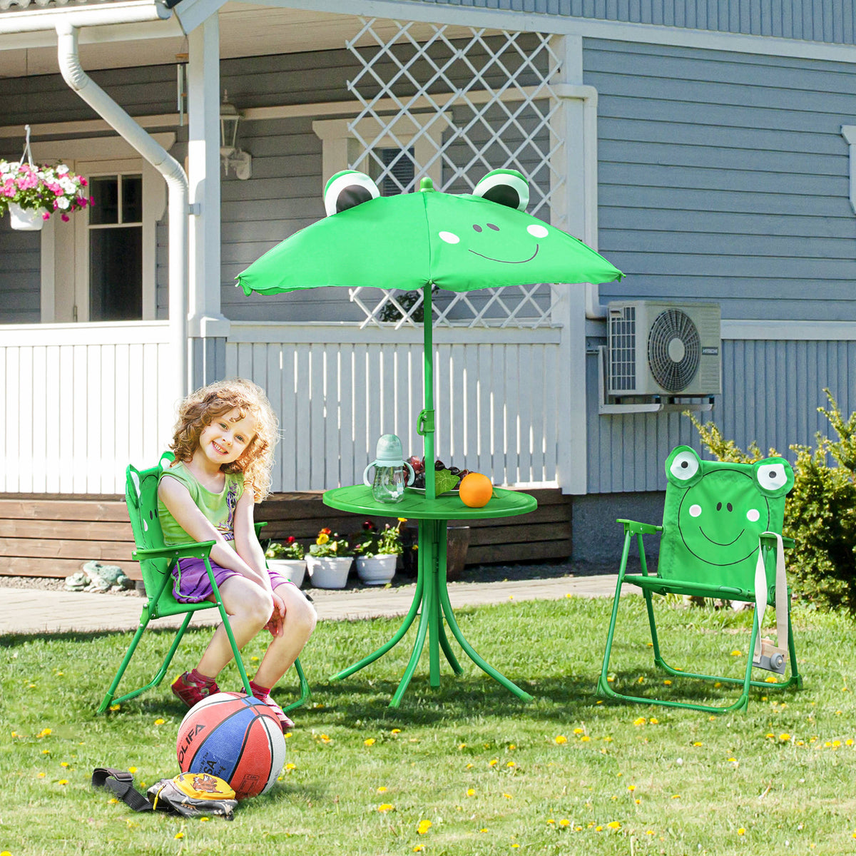 Ensemble Salon de Jardin Enfant 4 pcs Design Grenouille - Table Ronde + 2 chaises Pliables + Parasol - métal époxy Oxford Vert