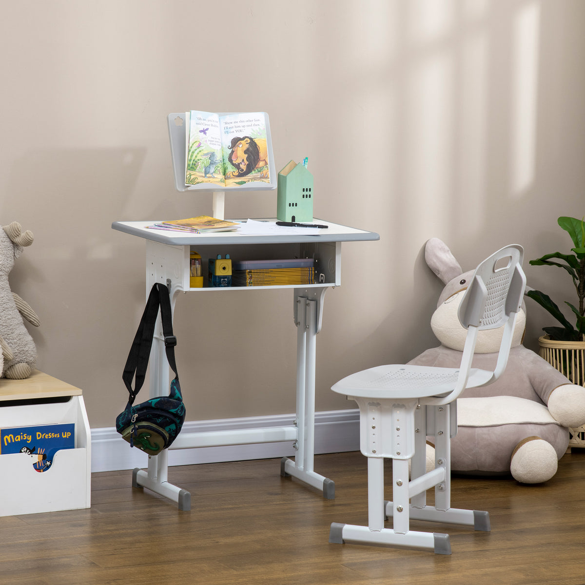 Bureau et chaise pour enfant avec support de lecture casier crochet et porte stylo 60 x 45x 90-102 cm gris