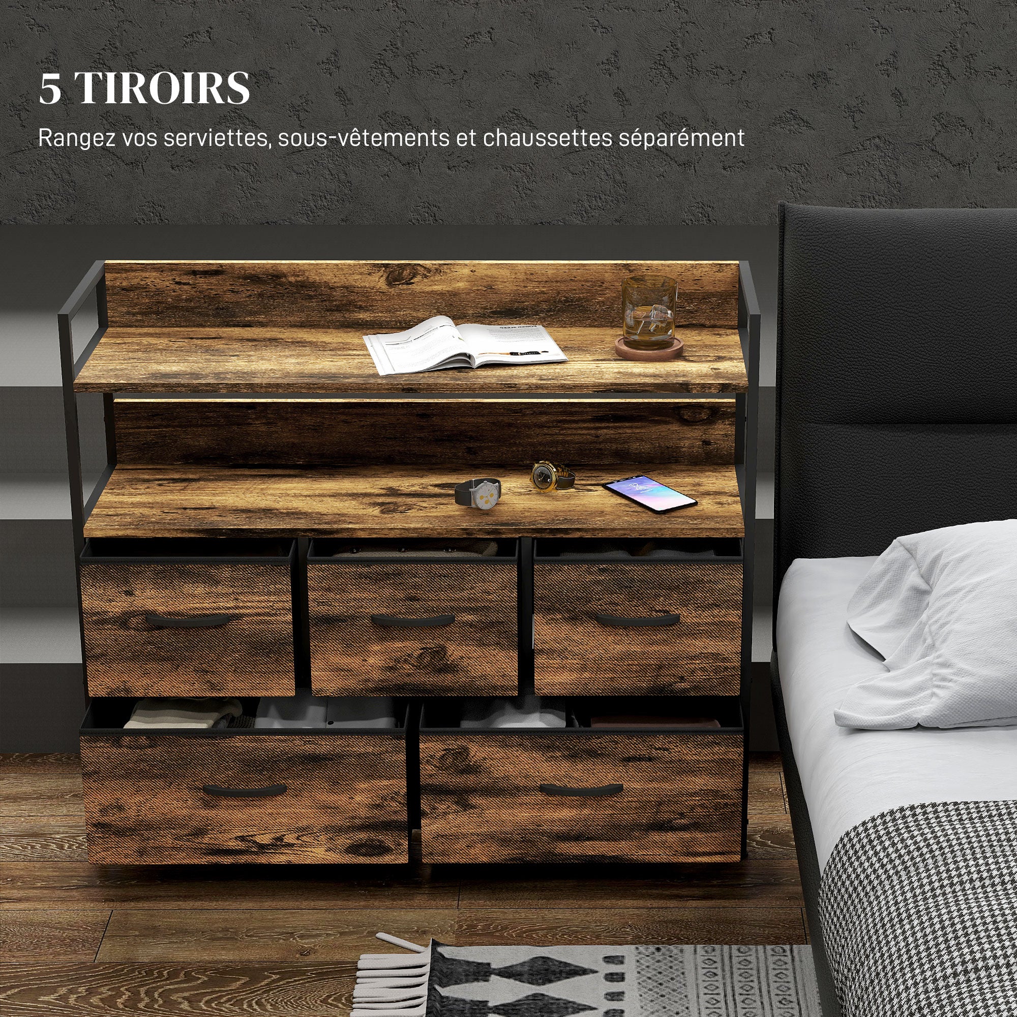 Commode, meuble de rangement, 5 tiroirs en tissu pliables et amovibles et étagères, 98 x 29 x 85 cm, brun rustique