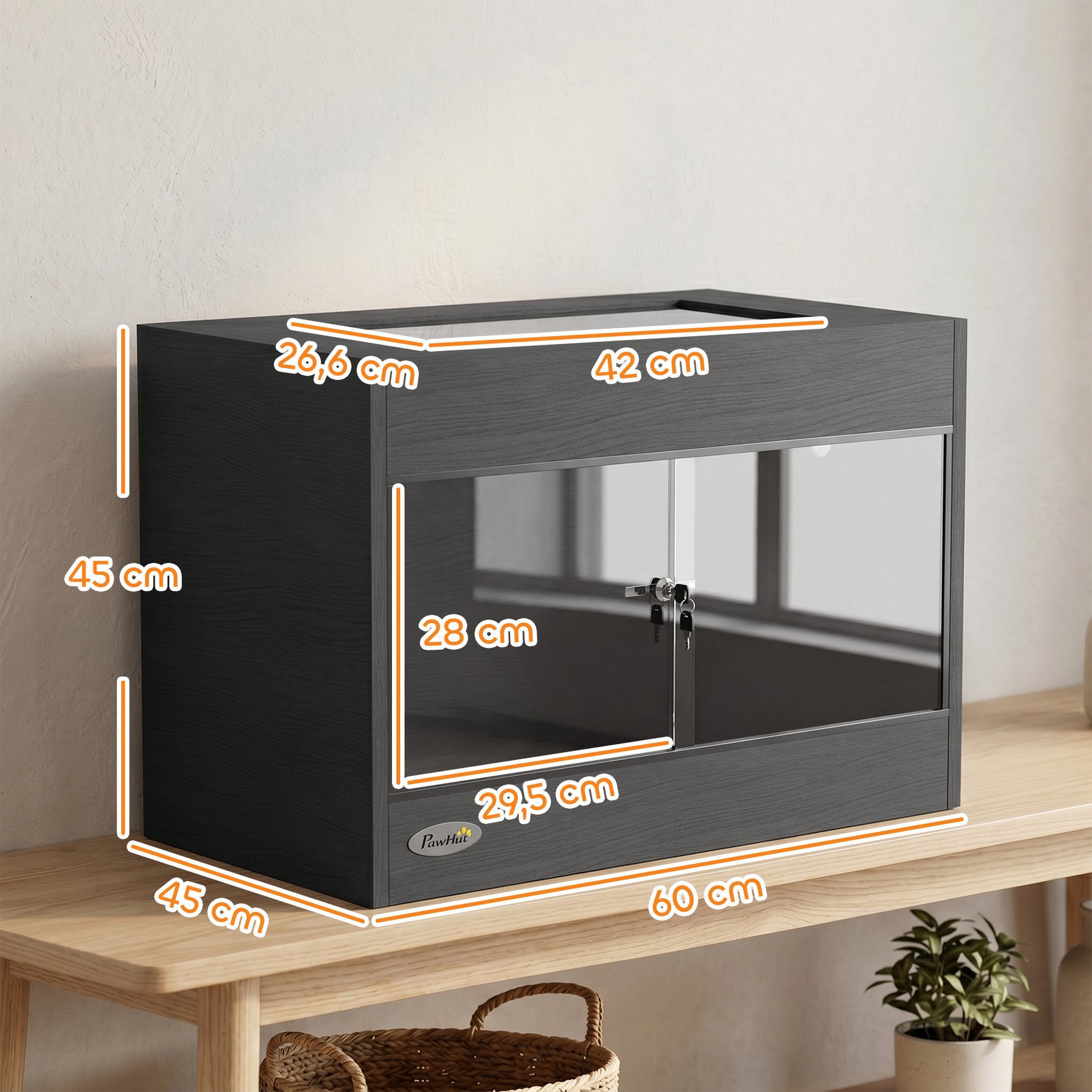 Terrarium pour Reptiles en Bois OSB, Porte en Verre Trempé, Serrure Sécurisée et Couvercle en Filet, 60x45x45cm, Noir