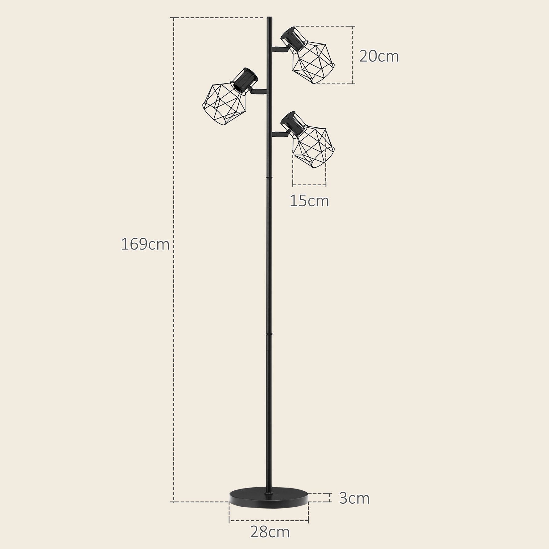 Lampadaire sur pied salon lampe sur pied 3 lumières adaptée aux ampoules E27 (non incluses) 41 x 28 x 169 cm noir