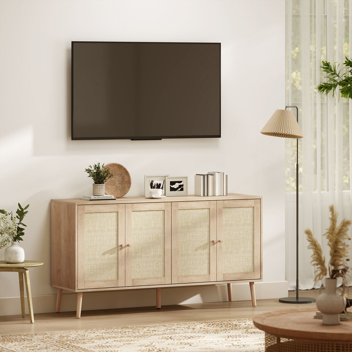 Buffet salon meuble de rangement placards à portes en cannage et étagère réglable 140 x 40 x 75 cm effet bois naturel