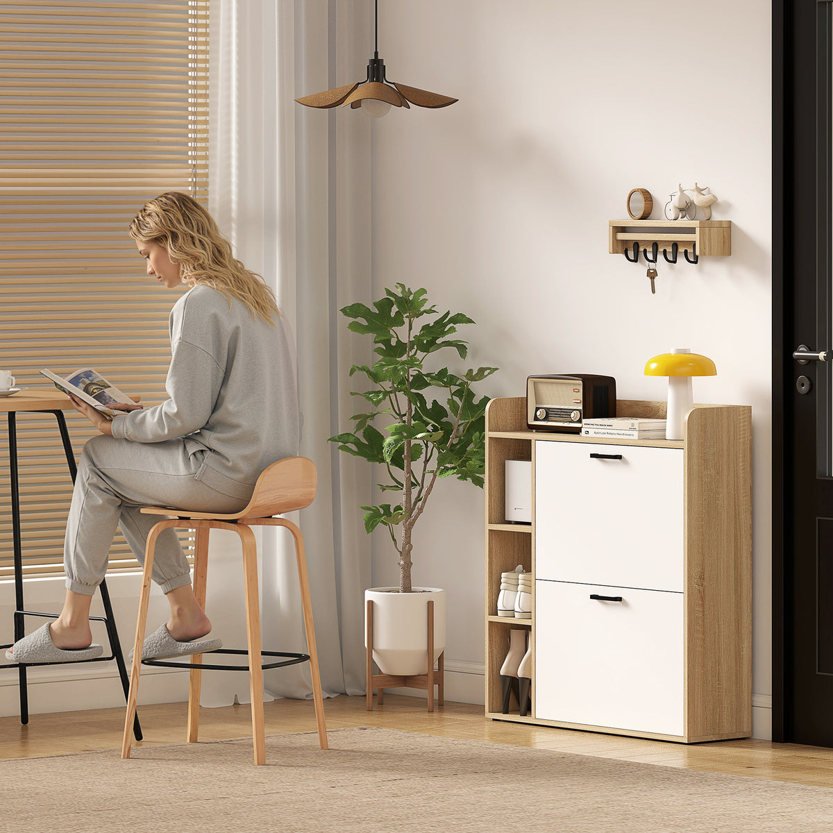Meuble à chaussures 15 paires, armoire à chaussures moderne avec 2 tiroirs rabattables, 83x24x90,5cm, effet bois naturel