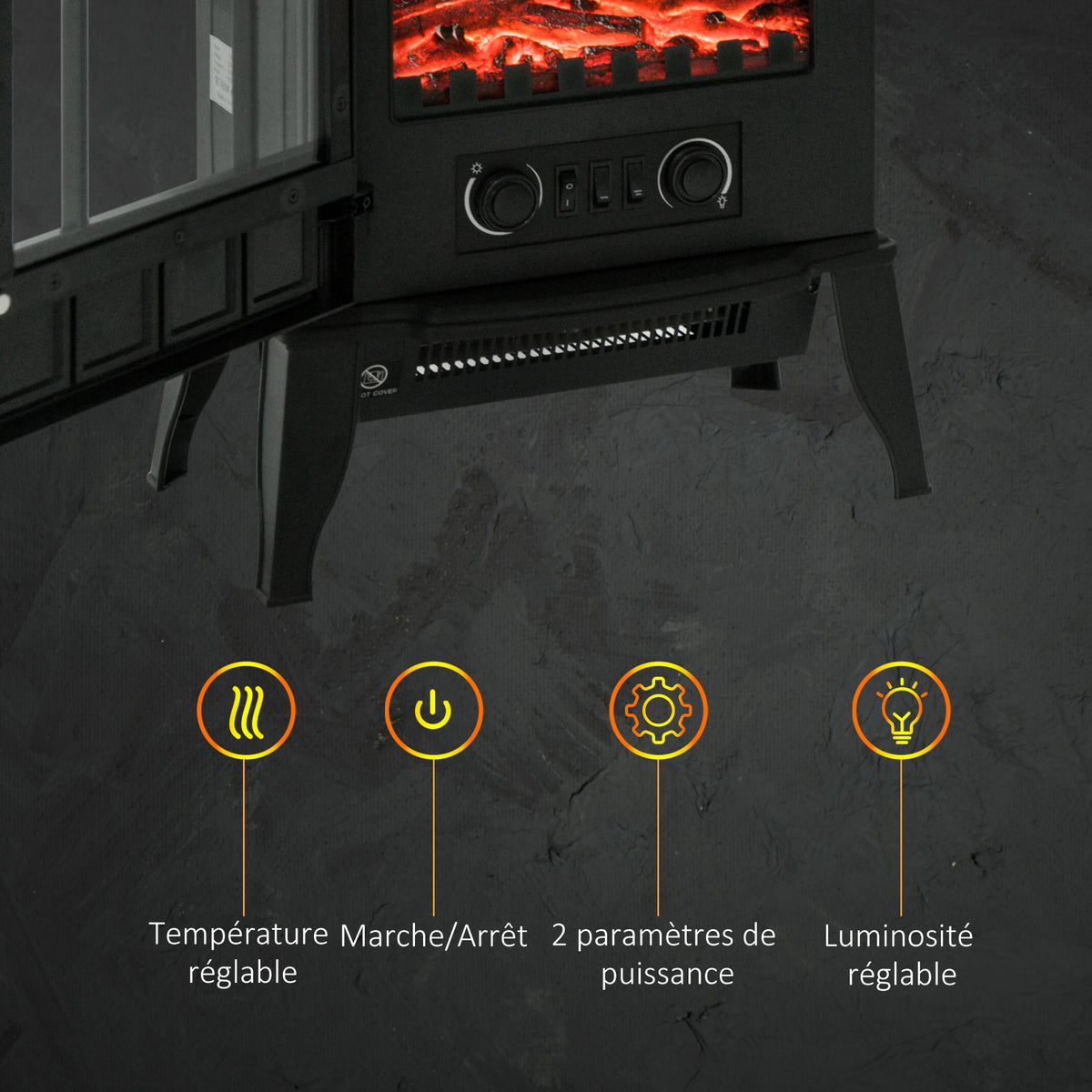Cheminée électrique sur pied 1000/2000 W, fausse cheminée décorative avec effet flamme LED, protection contre la surchauffe, zone de couverture 15-30 m², noir