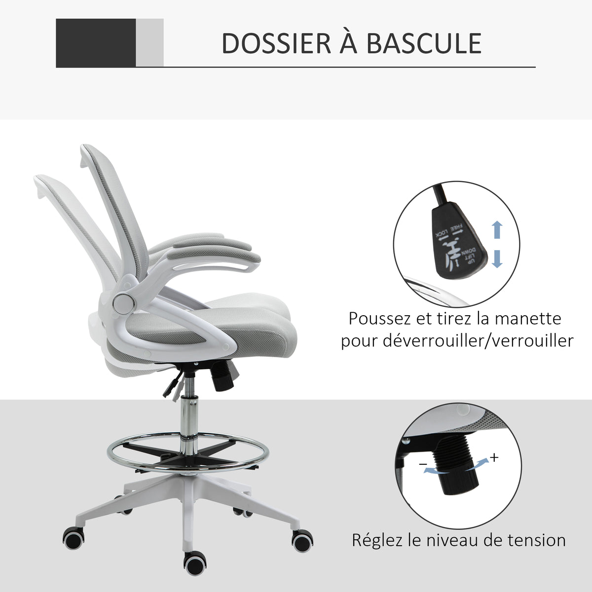 Fauteuil de bureau chaise de bureau assise debout hauteur réglable repose-pieds gris et blanc