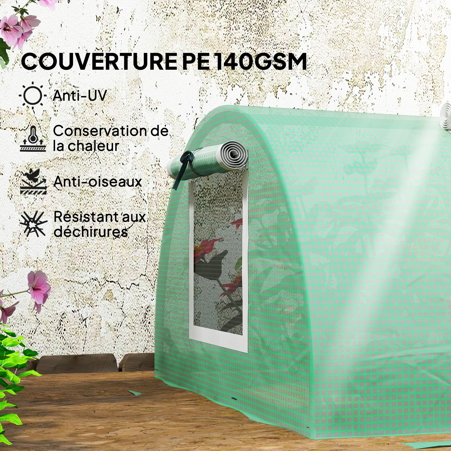 Serre de jardin tunnel 5 fenêtres enroulables bâche PE 140 g/㎡ métal époxy 300 x 80 x 45 cm vert
