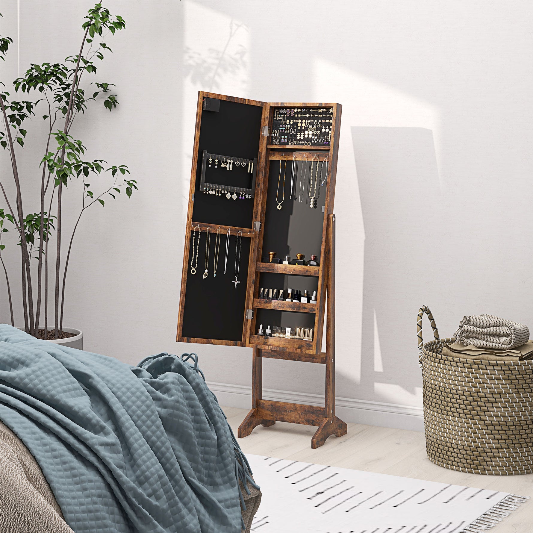Armoire à bijoux armoire de rangement sur pieds boîte à bijoux avec miroir multi-rangements éclairage LED brun rustique