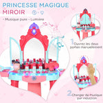 Coiffeuse Enfant Fille avec Tabouret, Miroir, Lumière, Musique, Accessoires, 3-6 Ans, 57x34x76cm, Multicolore